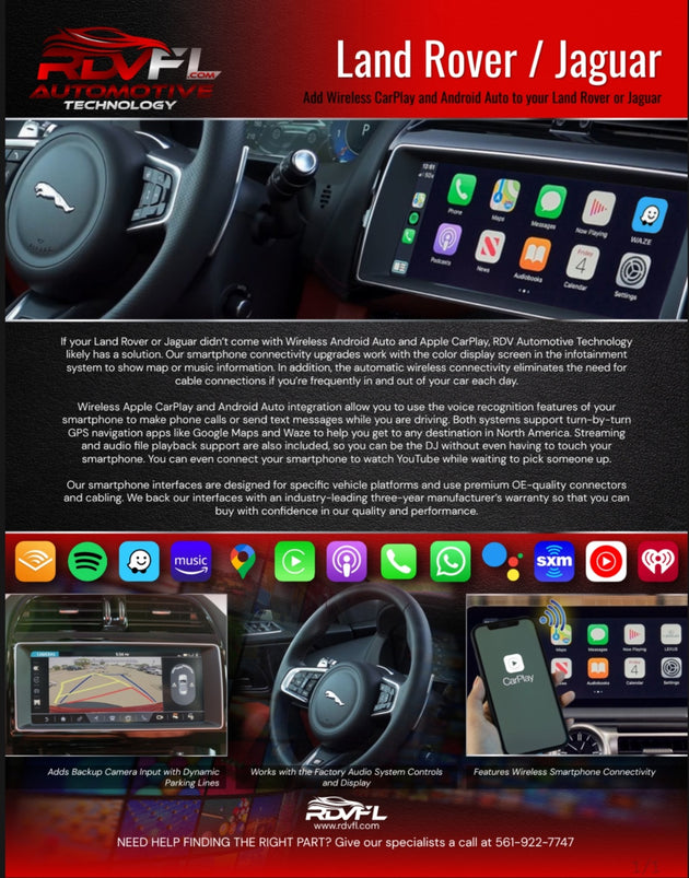 An image displaying a Land Rover/Range Rover/Jaguar vehicle radio without a CD player, upgraded to show a wireless Apple CarPlay interface from RDVFL. The system includes added features such as a backup camera with dynamic parking lines. It highlights the compatibility with factory audio system controls and supports smartphone wireless connectivity, enhancing the in-car multimedia experience.