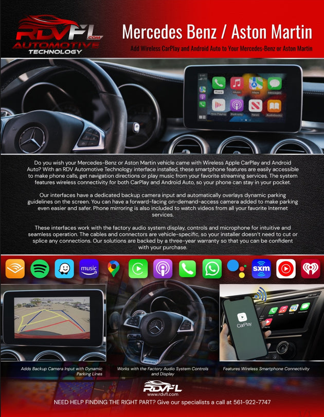 An image illustrating a wireless interface device designed to integrate Apple CarPlay and Android Auto into Mercedes Benz vehicles. The background features a Mercedes Benz steering wheel with a display screen showcasing CarPlay features and an on-screen backup camera view. This image highlights the advanced technology upgrade for enhancing vehicle connectivity and safety features.