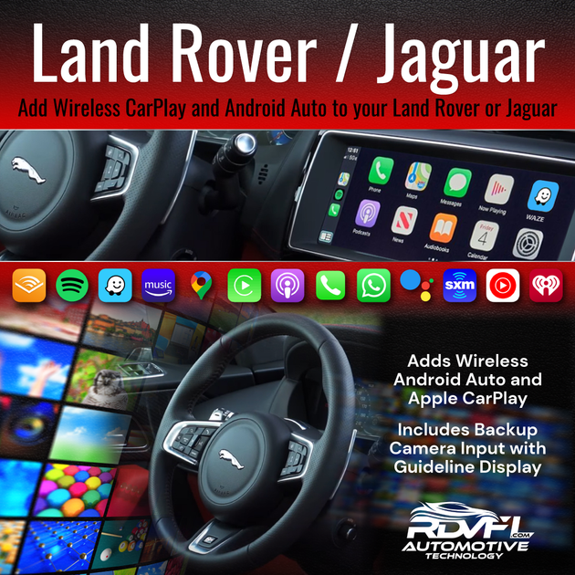 Jaguar / Land Rover / Range Rover RDVFL Wireless CarPlay product showing wireless android auto apps on dash screen and includes backup camera input with guideline display.