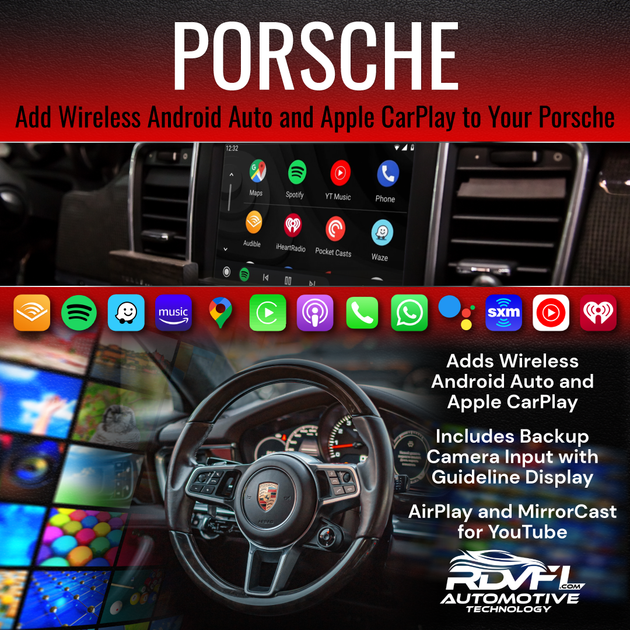An image showcasing a wireless interface designed to enable Apple CarPlay and Android Auto for Porsche vehicles equipped with PCM3 radios. The background displays a Porsche steering wheel and a dashboard screen illustrating CarPlay features such as AirPlay and Mirrorcast for YouTube, along with a backup camera input featuring guideline display. This image highlights the integration of modern multimedia and safety enhancements in a Porsche vehicle