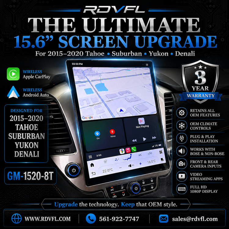 GM-1520-8T - 15.6" Screen Upgrade for 2015-2020 Tahoe, Suburban, Yukon, Denali