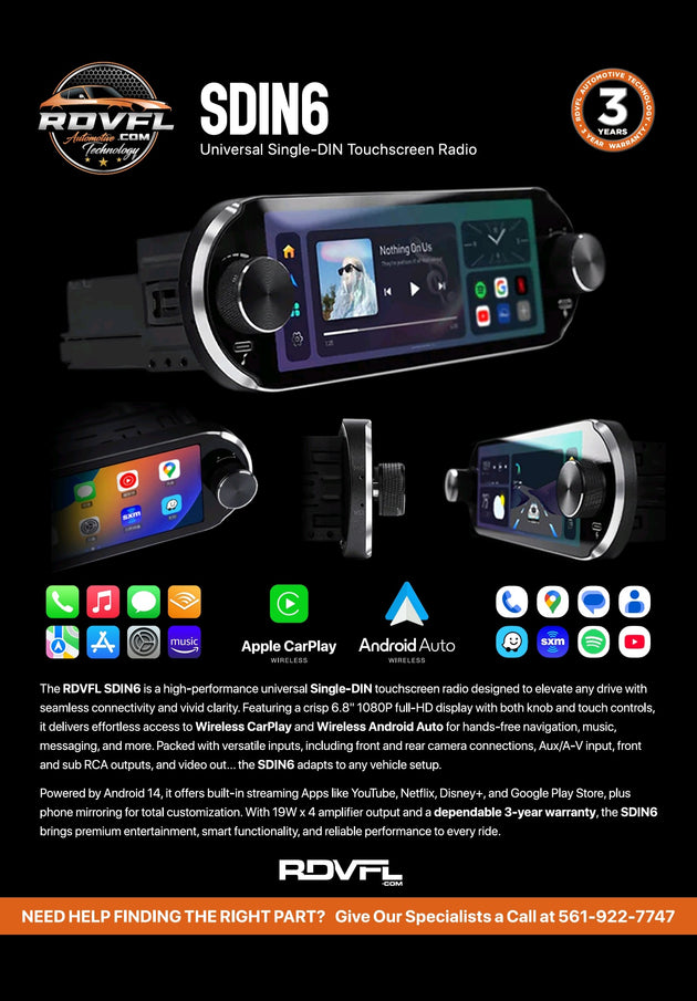 SDIN6 - Universal Touchscreen Single DIN Radio with 6.8" Screen with Wireless CarPlay and Wireless Android Auto