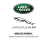 An image displaying a wireless interface product designed to add Apple CarPlay and Android Auto to Land Rover, Range Rover, and Jaguar vehicles. The interface is set against a plain white background and is flanked by the logos of Land Rover on the left and Jaguar on the right. This image emphasizes the compatibility and enhancement of vehicle multimedia systems with modern smartphone integration technologies.
